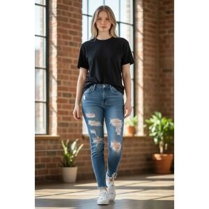 KanCan Skinny Jeans Women 7/27 Blue Medium Wash Distressed Ripped Frayed Raw Hem